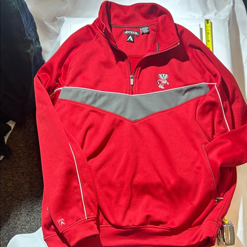Wisconsin Badgers - Antigua Red and Gray Pullover (Fleece Liner)